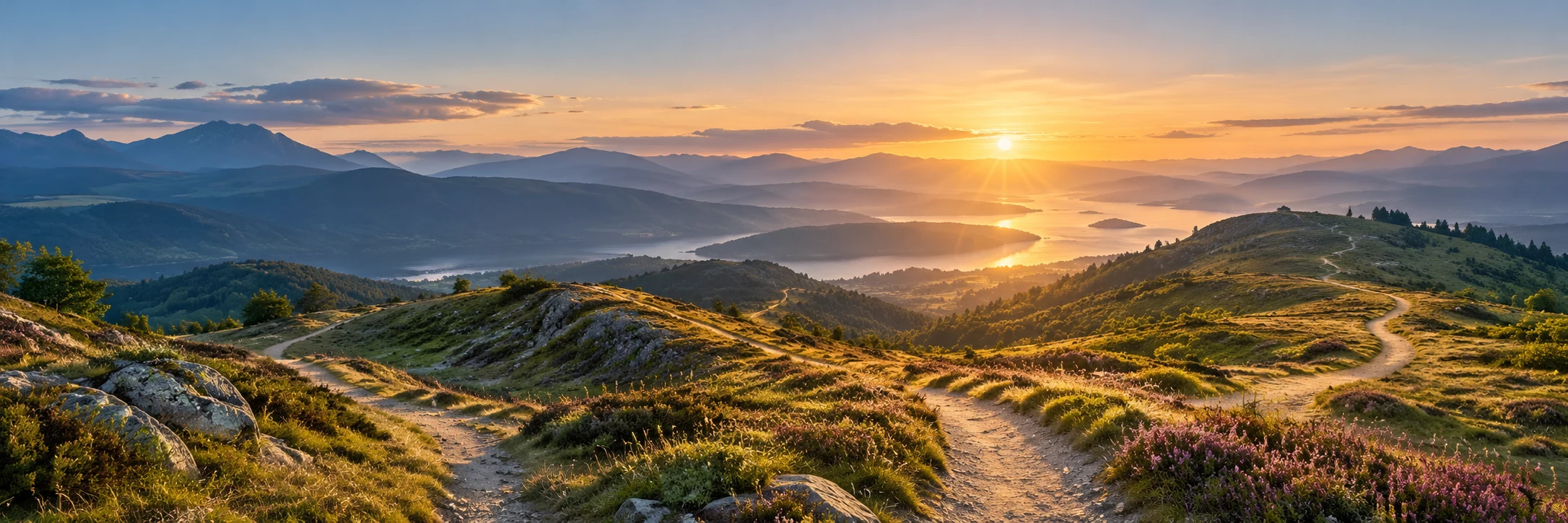 Paths across rolling hills opening toward a sunlit horizon